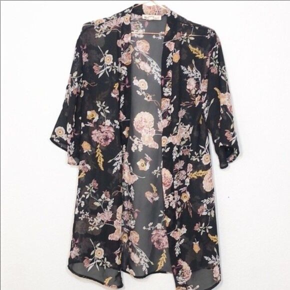 Wallflower Kimono Black w Purple Tone Floral Print 19A - Picture 1 of 6